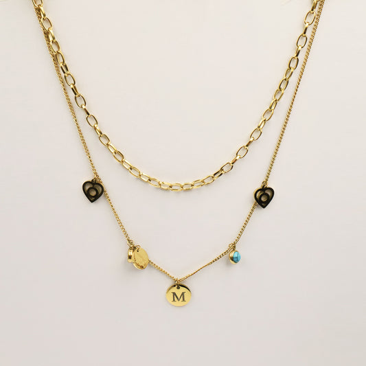 Ethereal Charm Layered Chain Necklace with Initials in Gold